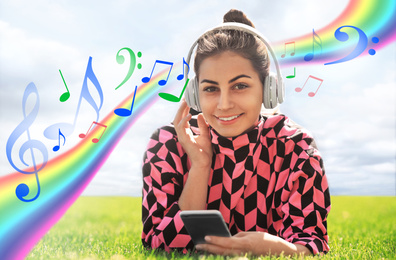 Image of Young woman listening to music with headphones outdoors. Bright notes illustration