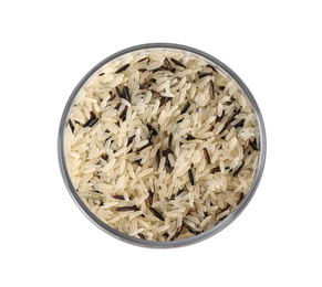 Mix of brown and polished rice in jar isolated on white, top view