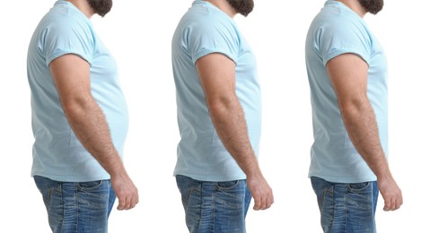 Man before and after weight loss on white background, collage