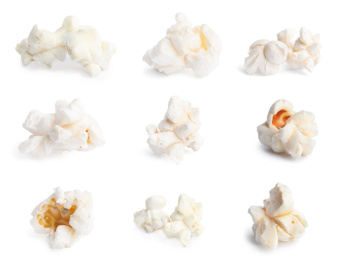 Image of Collage with tasty popcorn on white background