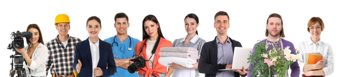 Career choice. People of different professions on white background, banner design