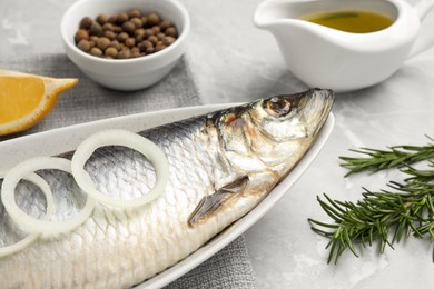 Delicious salted herring and ingredients on light grey table, closeup