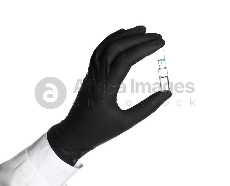 Doctor in medical glove holding ampoule on white background