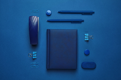 Flat lay composition inspired by color of the year 2020  (Classic blue)