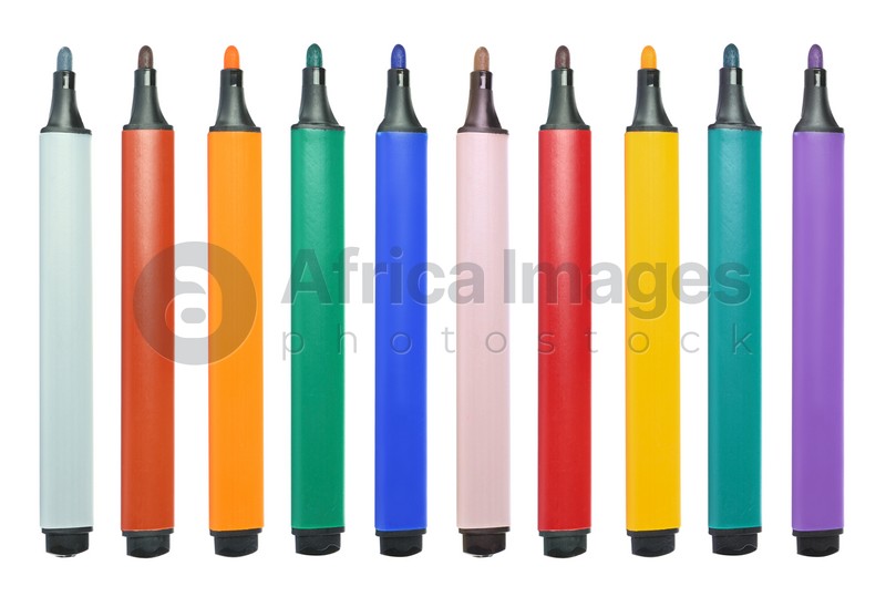 Set with bright multicolored marker pens on white background