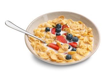 Bowl of tasty crispy corn flakes with milk and berries isolated on white