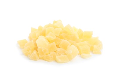 Delicious yellow candied fruit pieces on white background