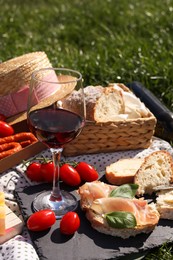Blanket with wine and snacks for picnic on green grass
