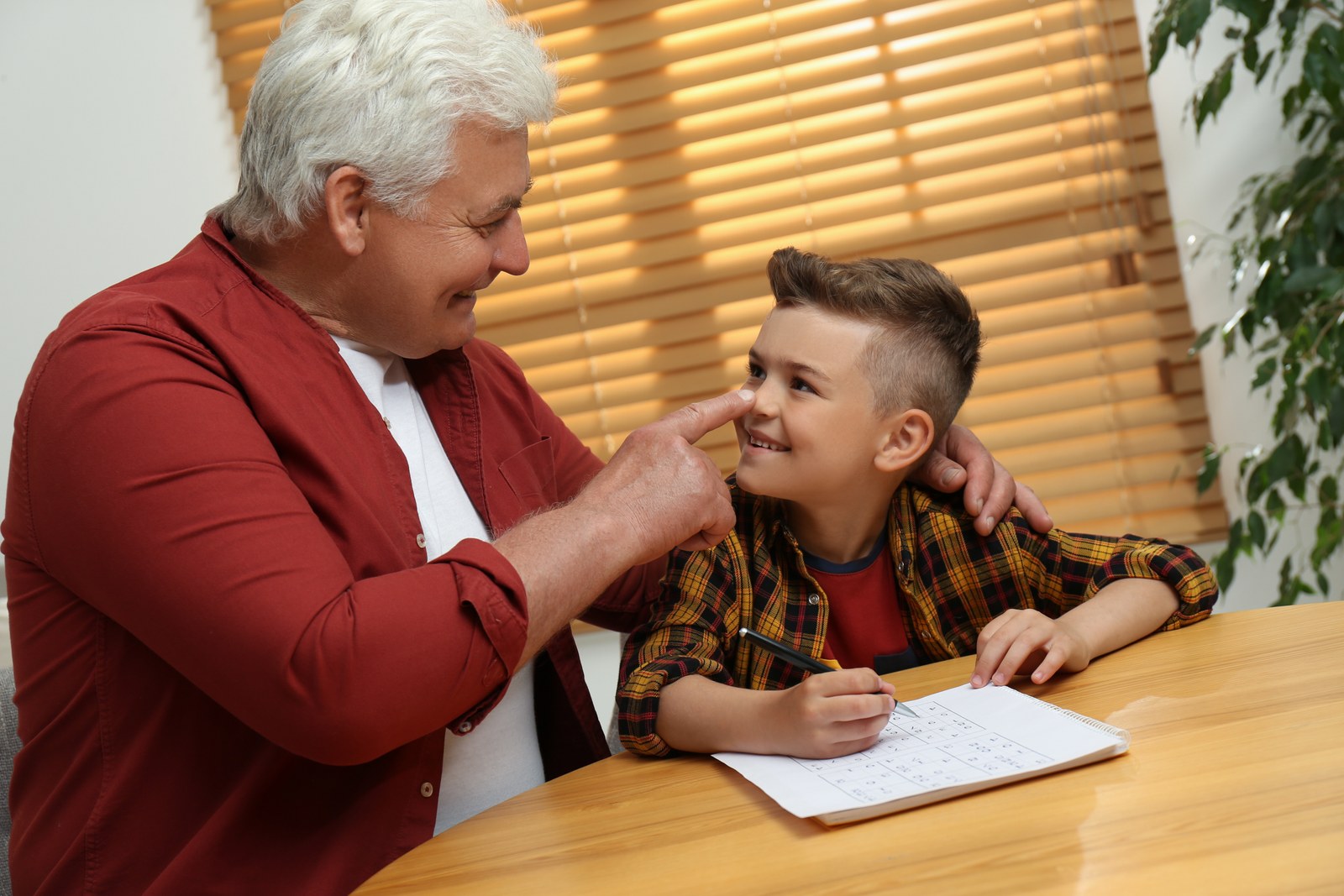 Little boy with his grandfather solving sudoku puzzle at table indoors