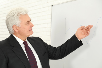 Senior business trainer near whiteboard in office
