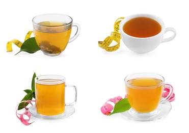 Set with cups of cup of weight loss herbal tea on white background