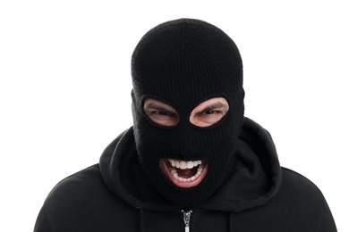 Photo of Man in black balaclava screaming on white background