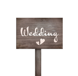 Image of Wooden plaque with inscription Wedding isolated on white 