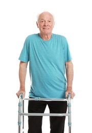 Portrait of elderly man using walking frame isolated on white