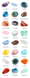 Image of Collection of different gemstones on white background