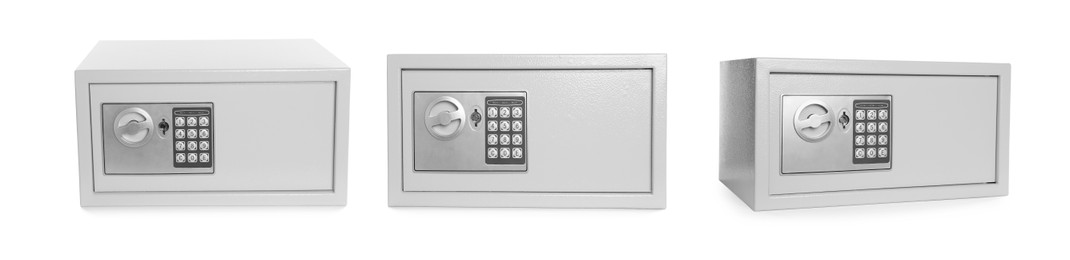 Set of steel safes with electronic lock on white background. Banner design