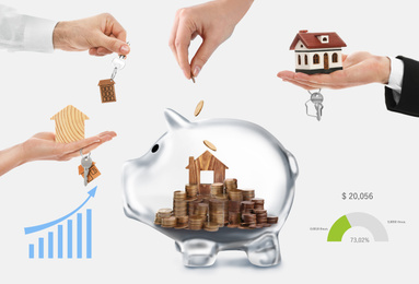 Woman putting coins into transparent piggy bank with house model on white background, closeup. Saving money for real estate