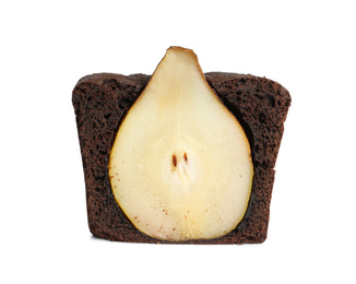 Slice of tasty pear bread isolated on white. Homemade cake