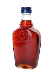 Bottle of tasty maple syrup isolated on white