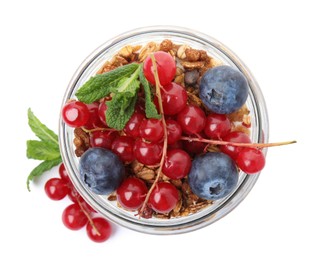 Delicious yogurt parfait with fresh berries and mint on white background, top view