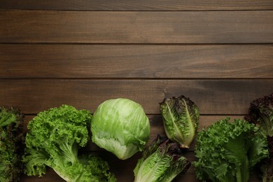 Photo of Different sorts of lettuce on wooden table, flat lay. Space for text