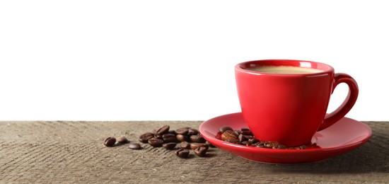 Cup of aromatic coffee and beans on wooden table against white background