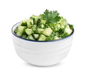 Bowl of delicious cucumber salad isolated on white