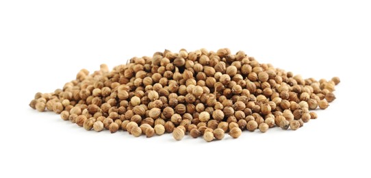 Photo of Heap of dried coriander seeds on white background