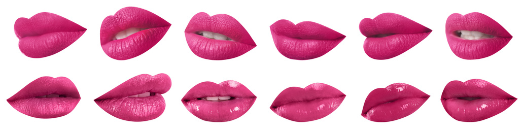 Set of mouths with beautiful makeup on white background, banner design. Stylish pink lipstick