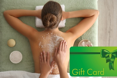 Image of Spa salon gift card. Young woman having body scrubbing procedure 