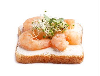 Delicious toast with cream cheese, shrimps and microgreens isolated on white