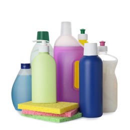 Set of different cleaning supplies and sponges on white background