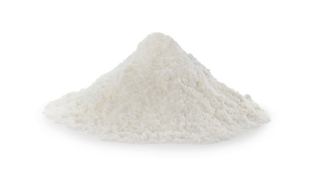 Heap of powdered infant formula on white background. Baby milk