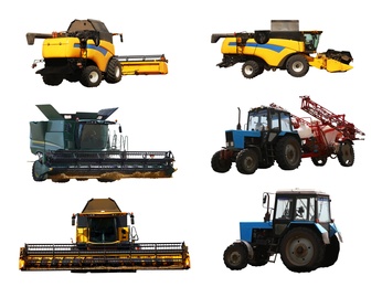 Set of different agricultural machinery on white background
