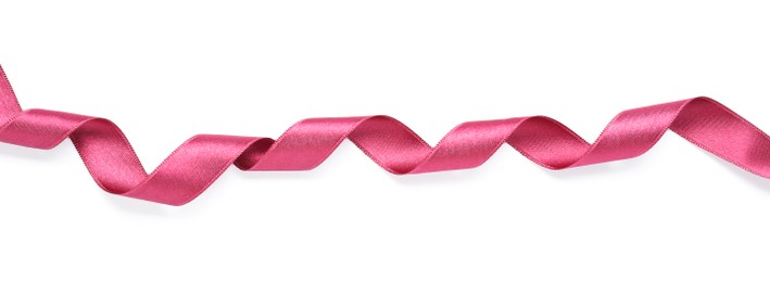 Photo of Beautiful dark pink ribbon isolated on white, top view