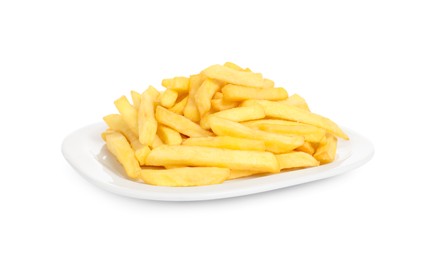 Photo of Yummy golden French fries on white background