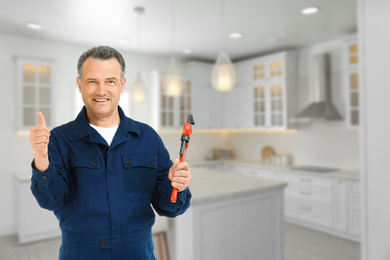 Mature plumber with pipe wrench in kitchen, space for text