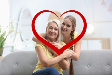Illustration of red heart and mother with her adult daughter spending time together at home