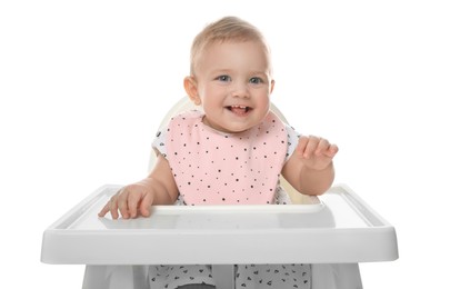 Cute little baby wearing bib in highchair on white background