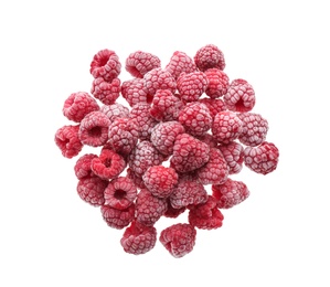 Heap of tasty frozen raspberries on white background, top view