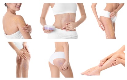 Collage with photos of young women applying body scrubs on white background, closeup