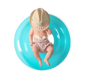 Cute little baby in hat with inflatable ring on white background, top view