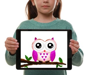 Little girl holding tablet with cute drawing on white background, closeup. Child art