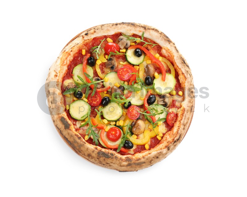 Photo of Delicious hot vegetable pizza on white background, top view