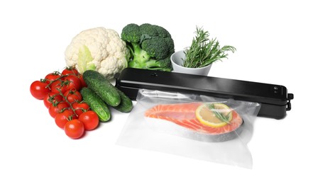 Vacuum packing sealer, plastic bag with salmon and different food products on white background