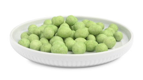 Plate with wasabi coated peanuts on white background