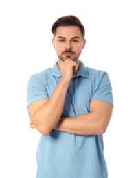 Portrait of pensive handsome man on white background