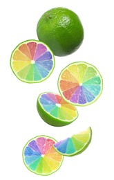 Image of Fresh limes with rainbow segments falling on white background. Brighten your life