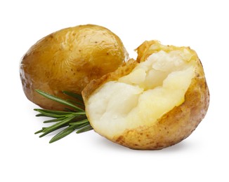 Tasty pieces of baked potatoes and rosemary on white background