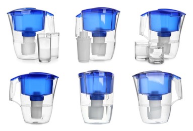 Set with water filter jugs and glasses on white background